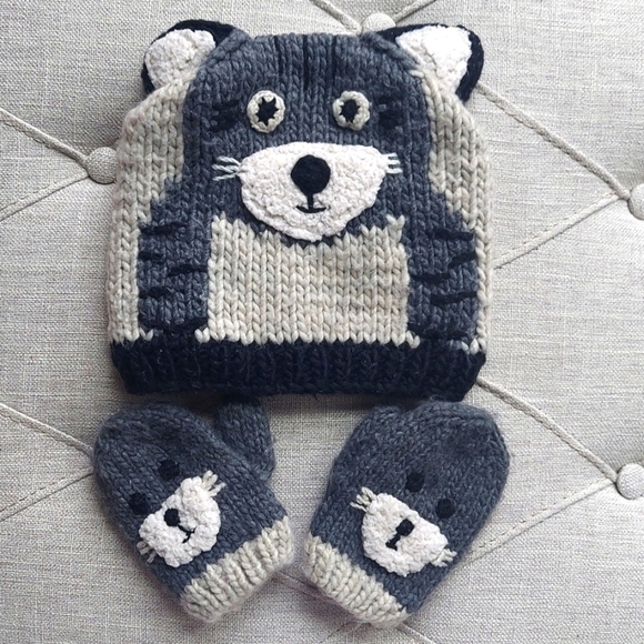Toddler Bear ears Beanie Hat and Mitten Set - cream gray - size 3-6 - Picture 1 of 9